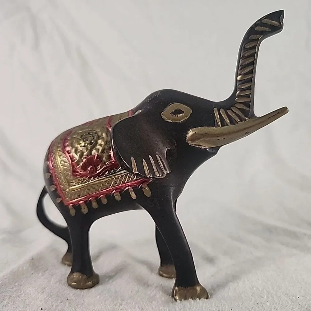 Statue Elephant Brass Figurine Blackened Etched Hand Painted India Luck Vintage